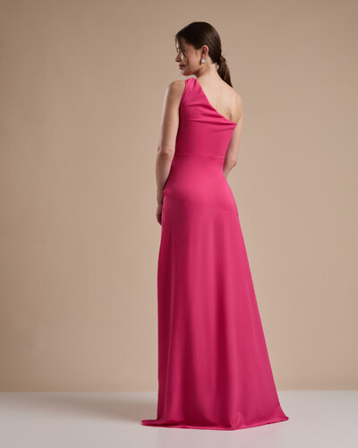 FotoVestido de Festa Longo Crepe Chiffon Um Ombro Só Drapeado com Babado Cascata Pink New