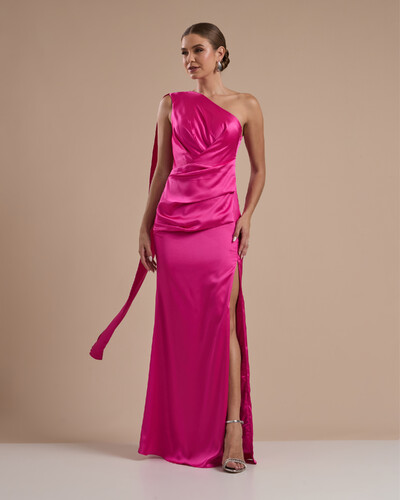 Foto Vestido de Festa Longo Cetim Alfaiataria Um Ombro Só Drapeado com Lenço Pink