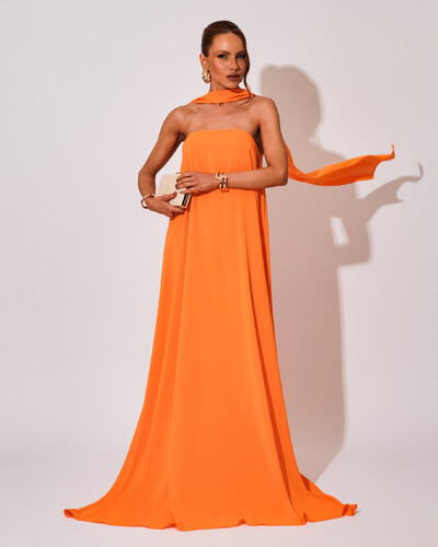 Foto Vestido de Festa Longo Crepe Tomara que Caia com Lenço Laranja