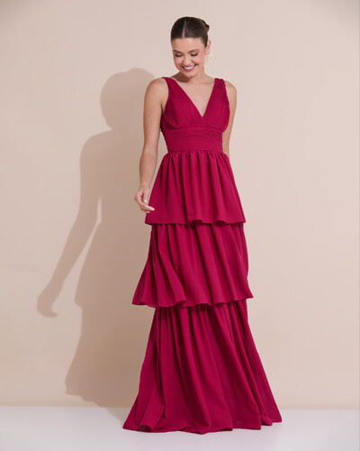 Foto Vestido de Festa Longo Decote V Crepe Chiffon Plissado Camadas Babado Cereja