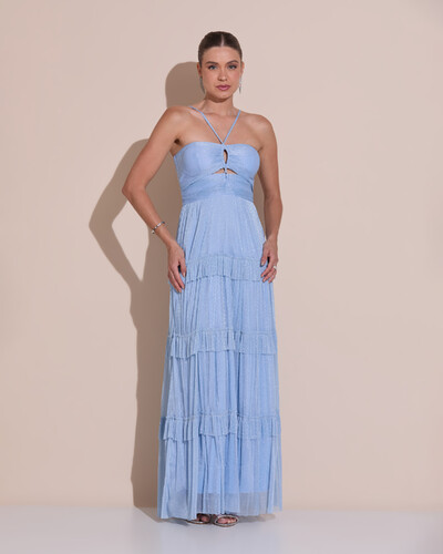Foto Vestido de Festa Longo Tule com Saia Babado Azul Serenity