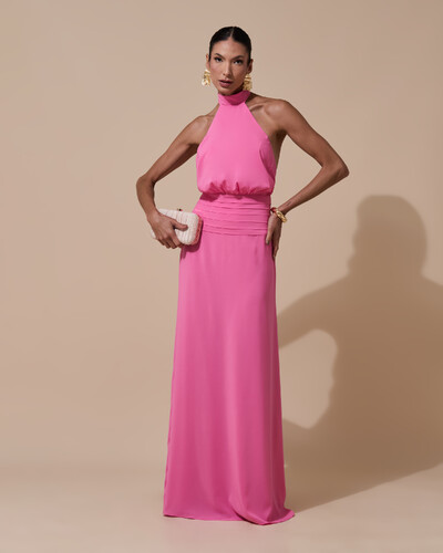 Foto Vestido de Festa Longo Frente Única Busto Blousê Crepe Chiffon Drapeado Rosa