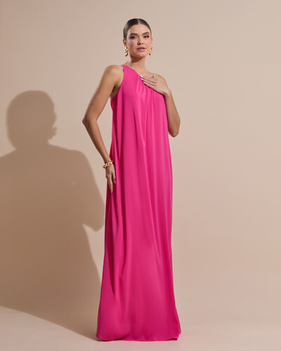 Foto Vestido de Festa Longo Crepe Fluido um Ombro Só com Lenço Pink New