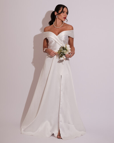 Foto Vestido de Festa Longo Zibeline Ombro a Ombro com Fenda Branco