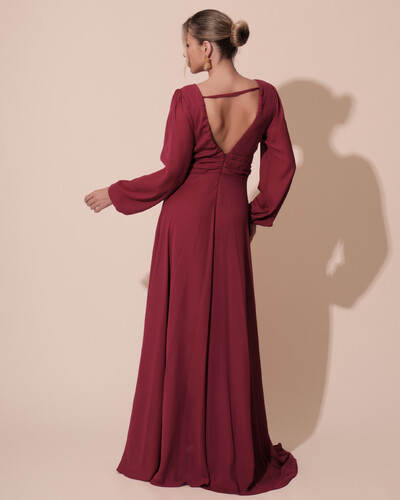 FotoVestido de Festa Manga Longa com Cintura Drapeada Decote V Cereja