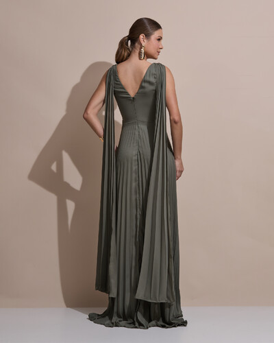 Foto Vestido de Festa Longo Crepe Chiffon Plissado com Lenço nas Alças Verde Oliva