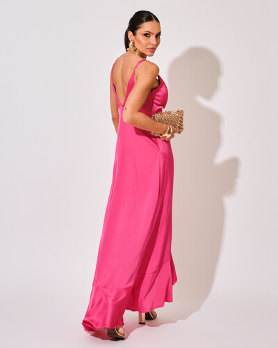 FotoVestido Midi Babado Acetinado Pink