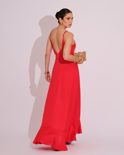 FotoVestido Midi Babado Acetinado Vermelho