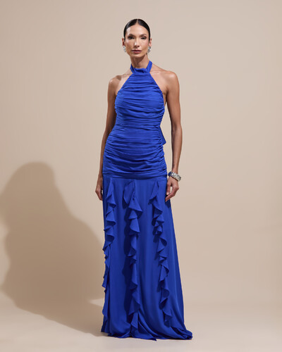 Foto Vestido de Festa Longo Frente Única Crepe Chiffon Drapeado Babados Cascata Azul Royal