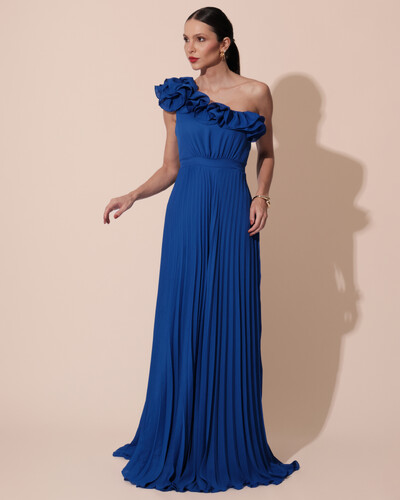 Foto Vestido de Festa um Ombro Só Flor Saia Plissado Azul Royal