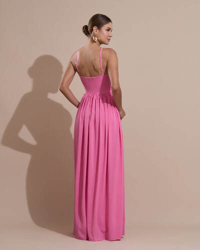 FotoVestido de Festa Longo Crepe Chiffon Drapeado com Alças Finas Rosa