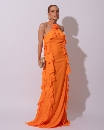 Foto Vestido de Festa Longo Crepe Chiffon Frente Única Babados Cascata e Flor Laranja