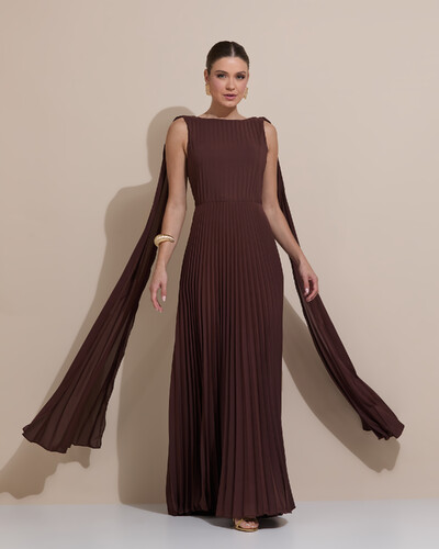 Foto Vestido de Festa Longo Crepe Chiffon Plissado com Lenço nas Alças Marrom