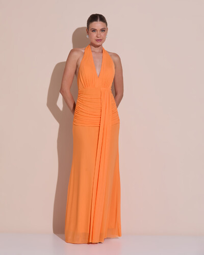 Foto Vestido de Festa Longo Frente Única Decote V Tule Drapeado Faixa Laranja New