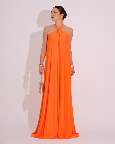 Foto Vestido Longo com Amarração em Malha Laranja