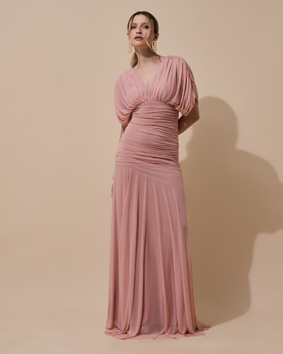 Foto Vestido de Festa Longo Tule Manga Curta Drapeado Rose