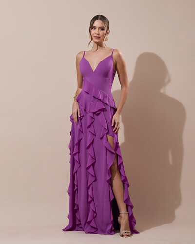 Foto Vestido de Festa Longo Decote V Crepe Chiffon Babados Cascata e Fenda Fúcsia