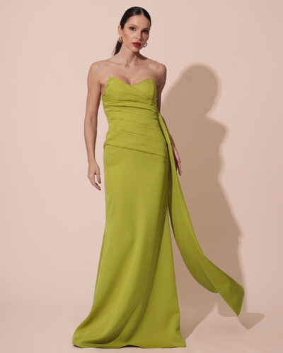 Foto Vestido de Festa Longo Alfaiataria Tomara que Caia Drapeado Faixa Verde Pistache
