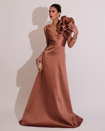 Foto Vestido de Festa longo Zibeline Flor Mocha Mousse