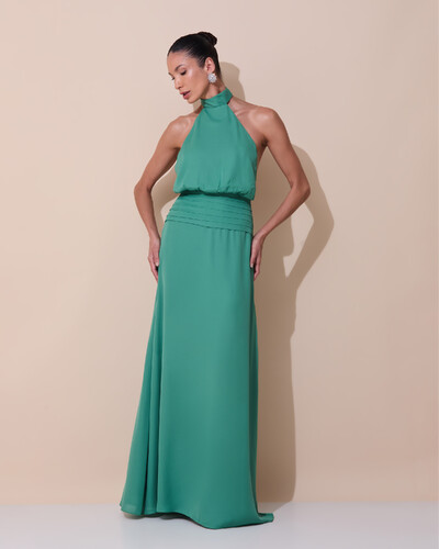 Foto Vestido de Festa Longo Frente Única Busto Blousê Crepe Chiffon Drapeado Verde Matcha Escuro