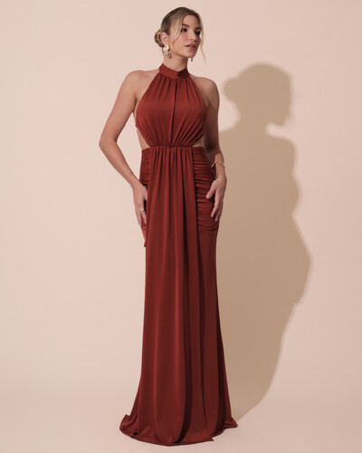 Foto Vestido de Festa Longo Malha Jersey Gola Alta Saia Sereia Terracota