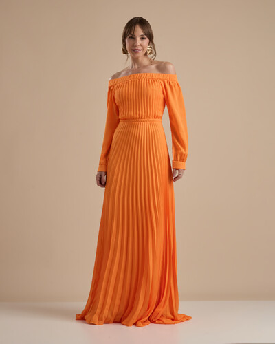 Foto Vestido de Festa Longo Crepe Chiffon Plissado Ombro a Ombro Laranja