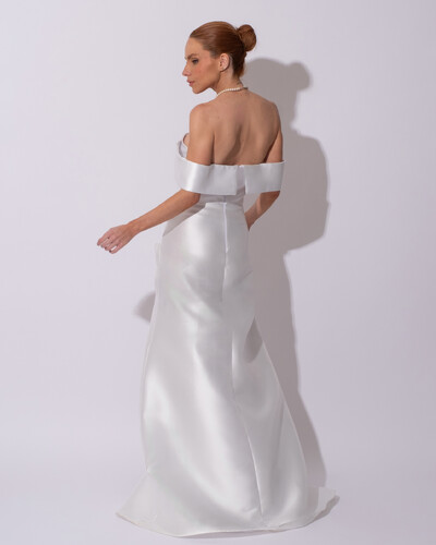 FotoVestido de Festa Longo Zibeline Ombro a Ombro Drapeado e Fenda Branco