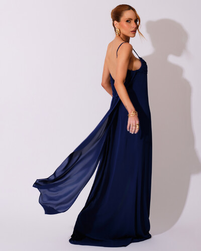 Foto Vestido de Festa Longo Crepe Chiffon Costas Lenço Cauda Azul Marinho