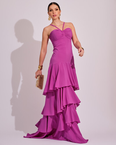 Foto Vestido Longo Crepe com Babado em Camadas Fúcsia