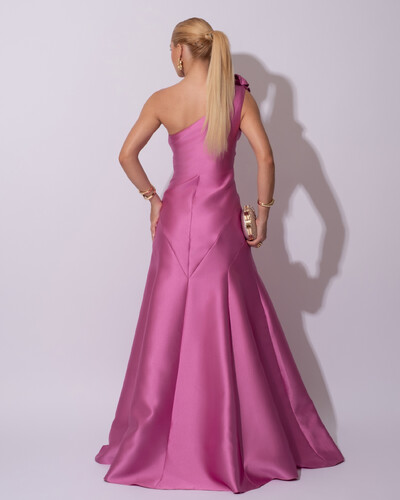 FotoVestido de Festa Longo Zibeline um Ombro Só Flor Removível Saia Sereia Rosa