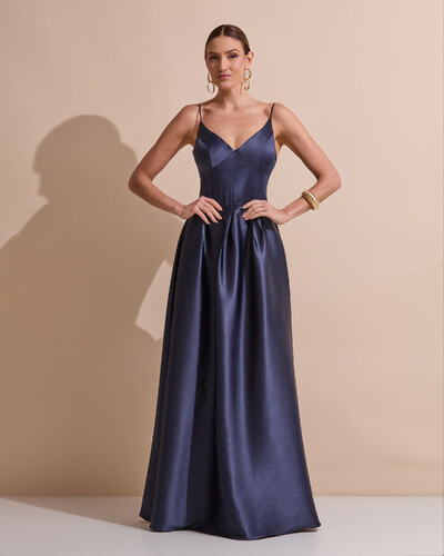 Foto Vestido de Festa Longo Alça Fina Decote V Cetim Saia Evasê Azul Marinho Escuro