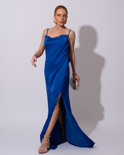 Foto Vestido de Festa Longo Babado Costas Cetim Fluido e Fenda Azul Royal