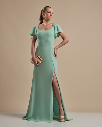 Foto Vestido de Festa Longo Crepe Chiffon Manga Babado e Fenda Verde Menta