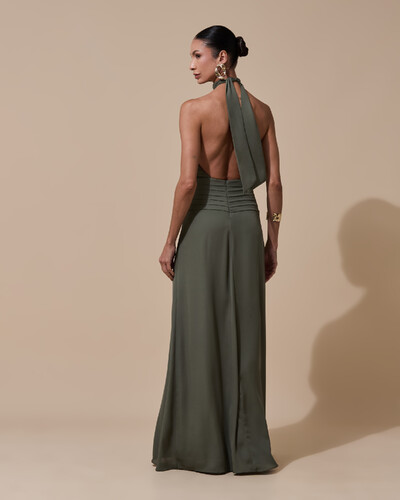 Foto Vestido de Festa Longo Frente Única Busto Blousê Crepe Chiffon Drapeado Verde Oliva