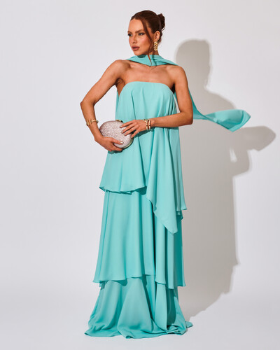 Foto Vestido de Festa Longo Chiffon Crepe em Camadas com Lenço Tiffany