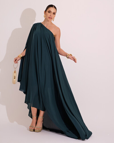 Foto Vestido de Festa um Ombro com Capa Crepe Fluido Verde Escuro