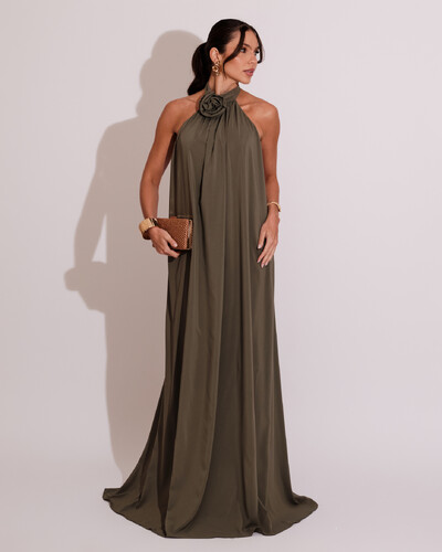 Foto Vestido Longo Crepe Chiffon Frente Única Fluido Flor Removível Verde Oliva
