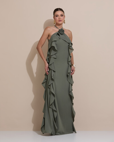 Foto Vestido de Festa Longo Crepe Chiffon Frente Única Babados Cascata e Flor Verde Oliva