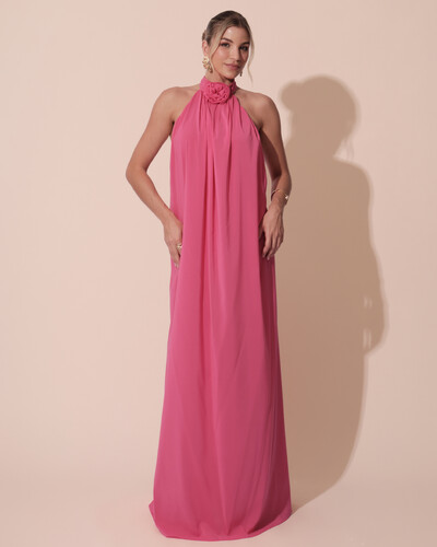 Foto Vestido Longo Crepe Chiffon Frente Única Fluido Flor Removível Pink Claro