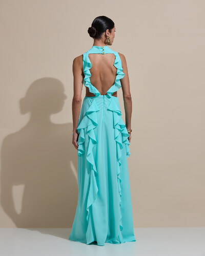 Foto Vestido de Festa Longo Gola Alta Crepe Chiffon Recortes Babados Cascata Tiffany