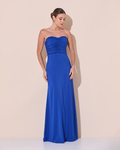 Foto Vestido de Festa Longo Ombro a Ombro Plissado Crepe Chiffon Capa Flor 3D Azul Royal