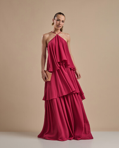 Foto Vestido Longo Babado em Camadas Cereja