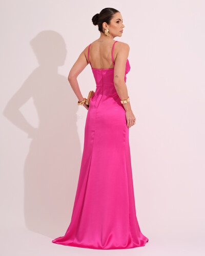 FotoVestido de Festa Longo Cetim Alfaiataria Fenda Drapeada Pink