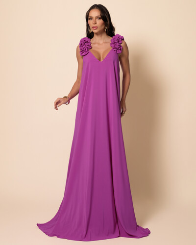 Foto Vestido de Festa Longo Crepe Chiffon Fluido Decote em V Flores Fúcsia