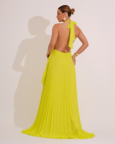 FotoVestidos de Festa Longo Chiffon Fluido Frente Única Plissado Duplo Verde Lima