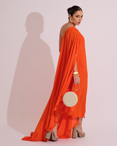 FotoVestido de Festa um Ombro com Capa Crepe Fluido Laranja