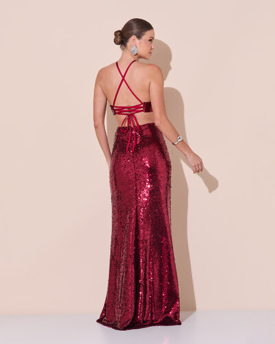 Foto Vestido de Festa Longo Frente Única Paetê Recortes Costas Trançada Marsala