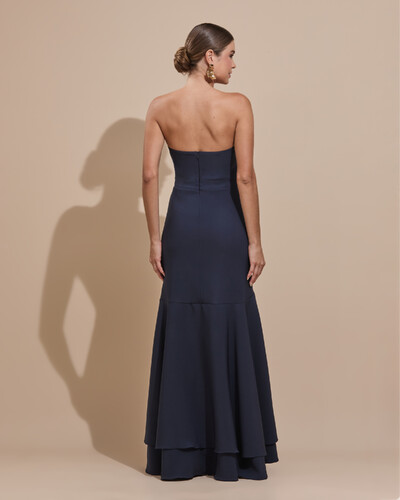 FotoVestido Longo com Fenda de Babados Alfaiataria Azul Marinho Escuro