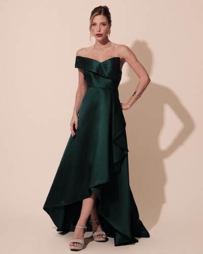 Foto Vestido de Festa Longo Zibeline um Ombro Só Mullet Verde Escuro