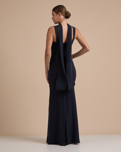 FotoVestido de Festa Longo Alfaiataria Alça Larga e Lenço Azul Marinho Escuro